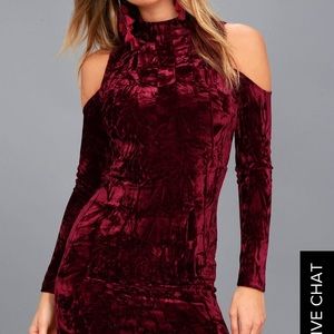 Burgundy cold shoulder crushed velvet dress